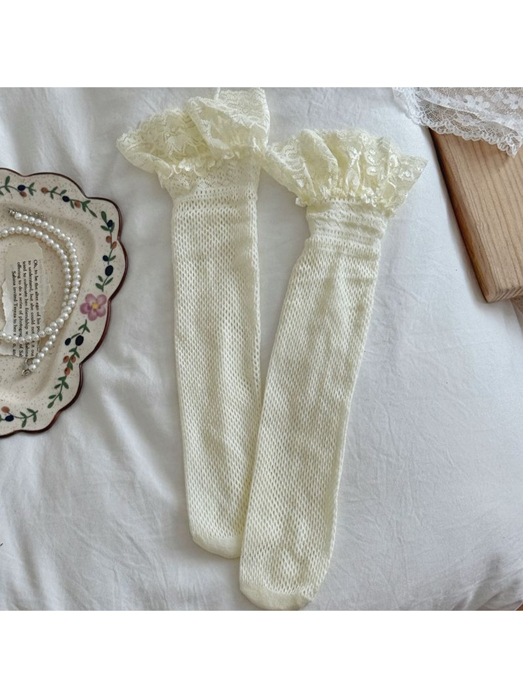 Rufia - Decorative Lace Edge Sheer Mesh Mid-calf Socks