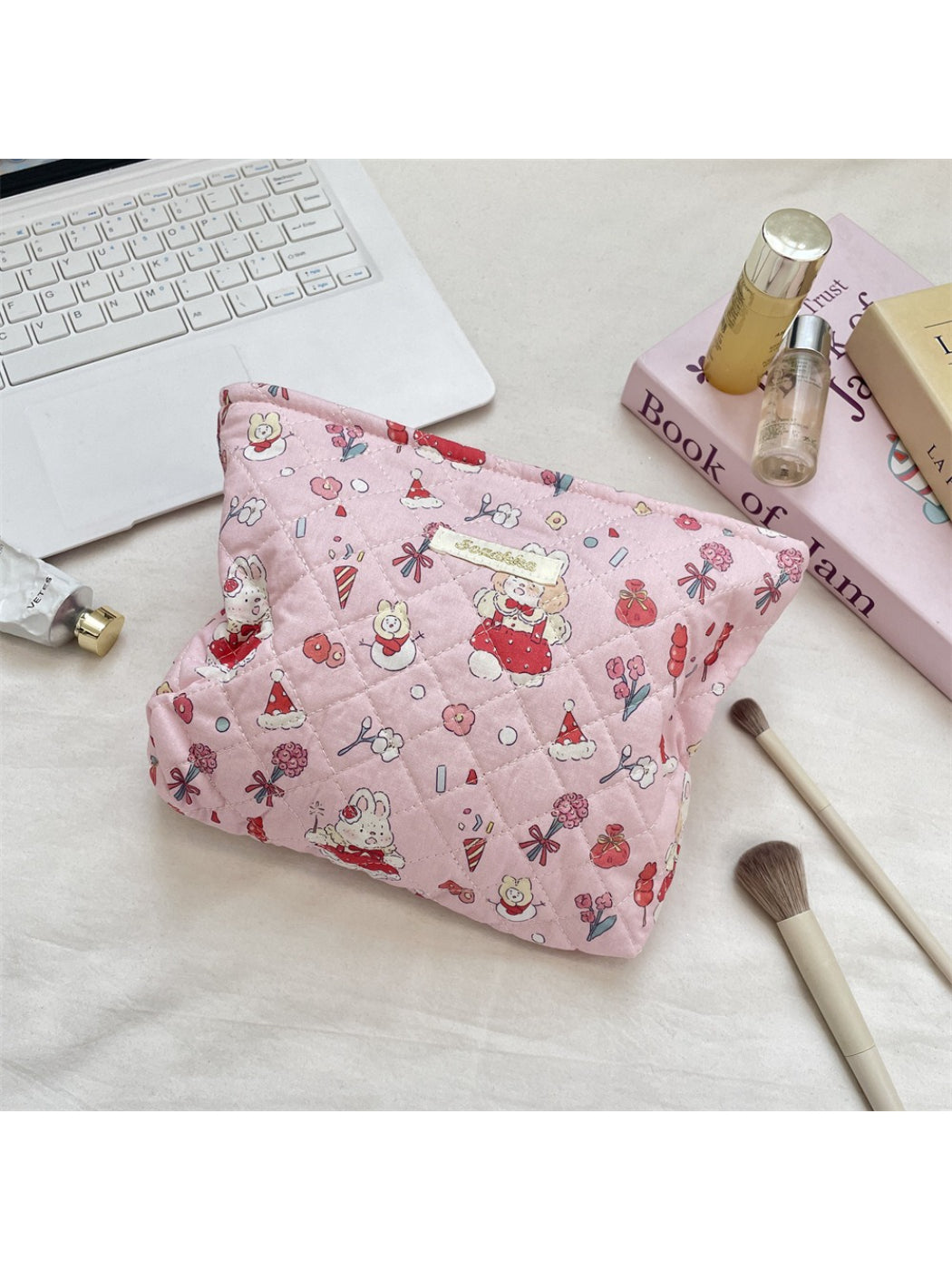 Cosbai - Quilted Bear Print Cosmetic Bag