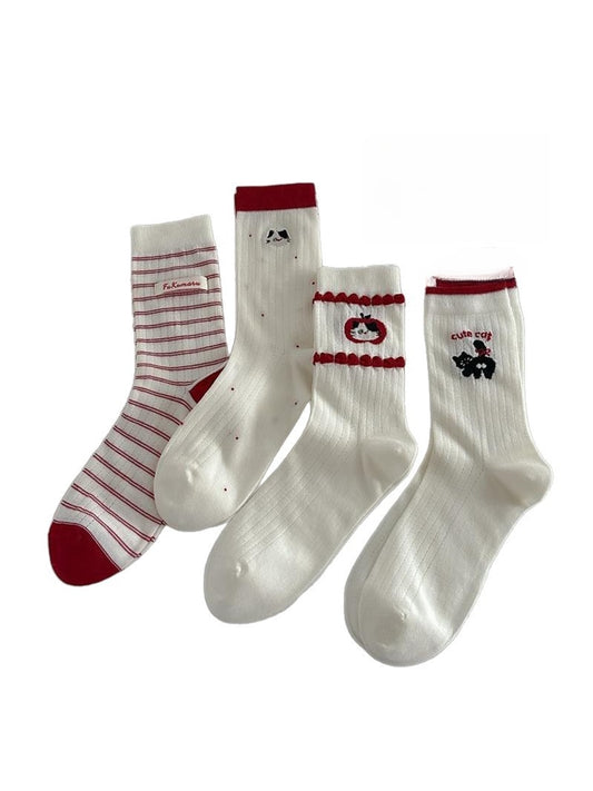 Rufia - Playful Cat Embroidered Ribbed Crew Socks