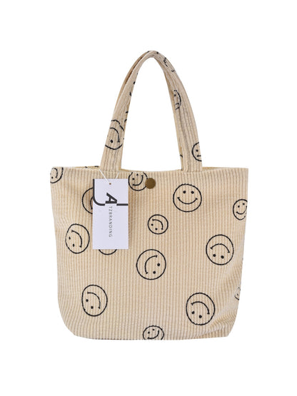 Cosbai - Black Smiley Face Corduroy Tote Bag