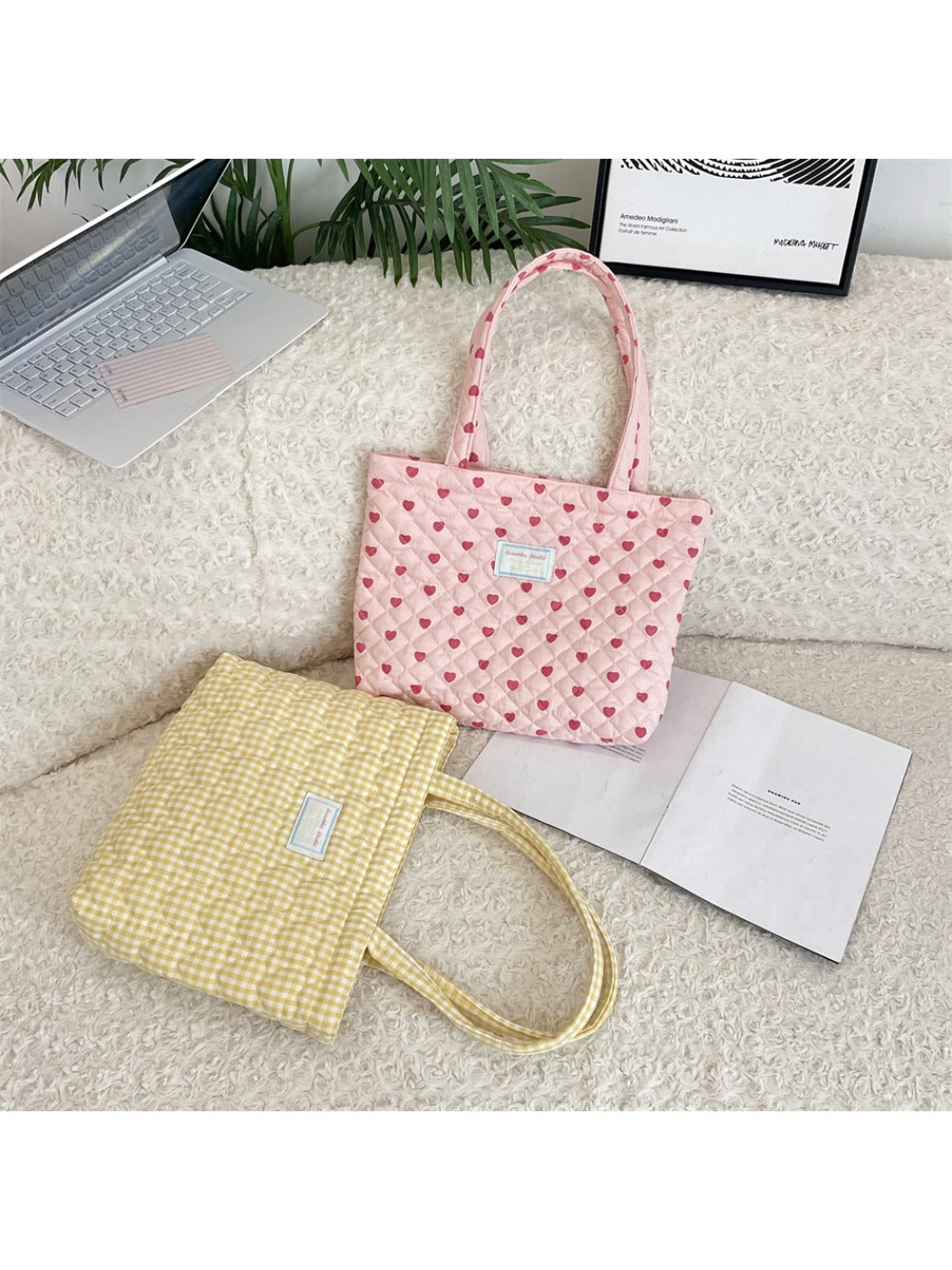 Cosbai - Tote Bag with Heart & Plaid Pattern