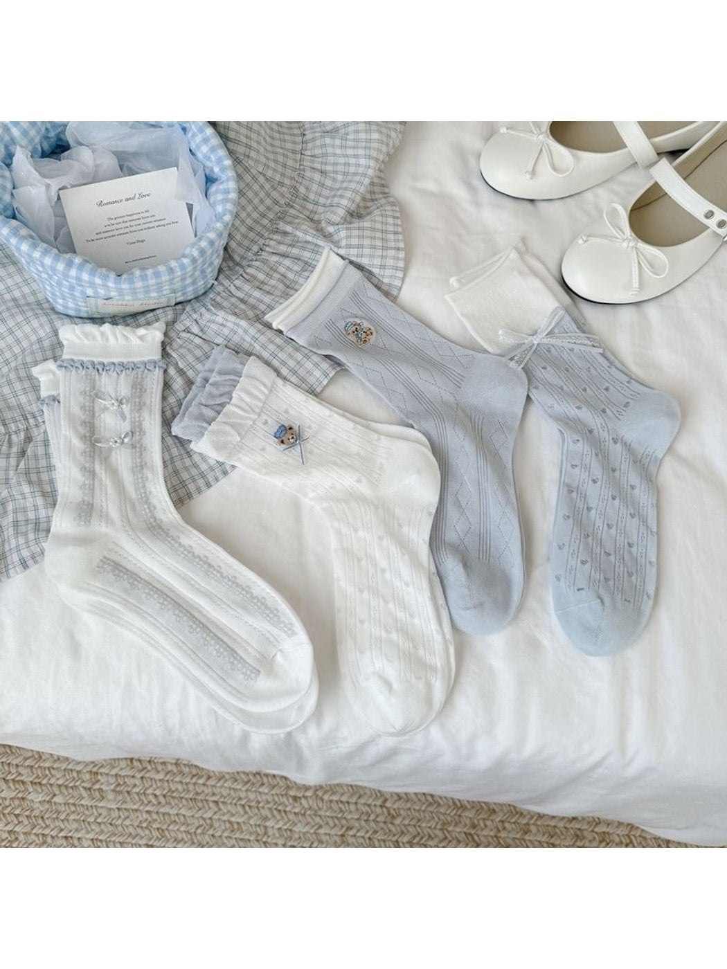 Rufia - Decorative Bow and Bear Pattern Crew Socks