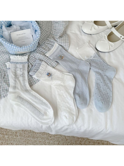 Rufia - Decorative Bow and Bear Pattern Crew Socks