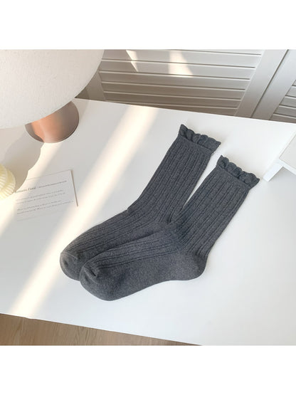 Rufia - Solid Color Ribbed Ruffle Crew Socks