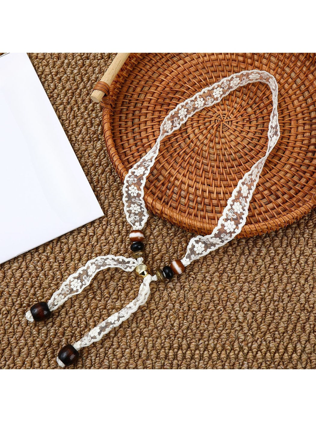 Scarvii - Lace Floral Print with Bead Detail Narrow Scarf