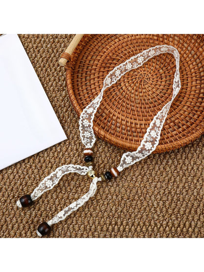Scarvii - Lace Floral Print with Bead Detail Narrow Scarf