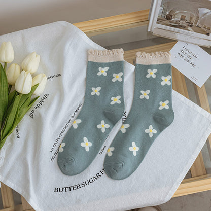Rufia - Floral Lace Trim Mid-Calf Socks