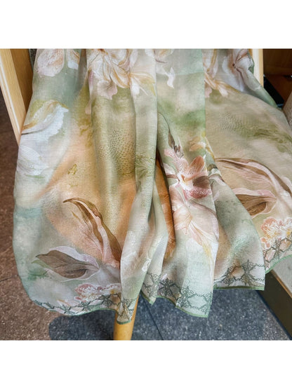 Scarvii - Fresh Green Floral Print Square Scarf