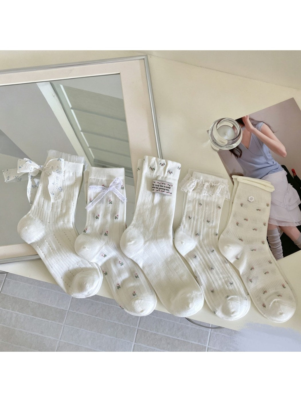 Rufia - Floral Bow Detail Openwork Crew Socks