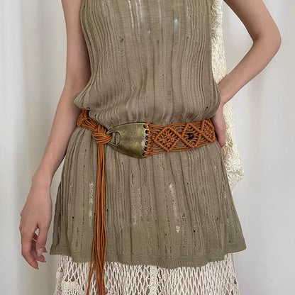 Beco Distressed Metal Woven Vintage Tassel Belt color options including Beige, Brown