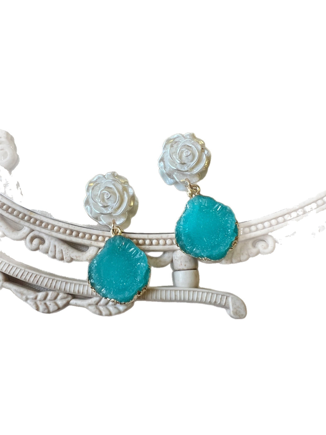 Earwish Gem Look Rose Earrings worn on ear showcasing size and sparkle