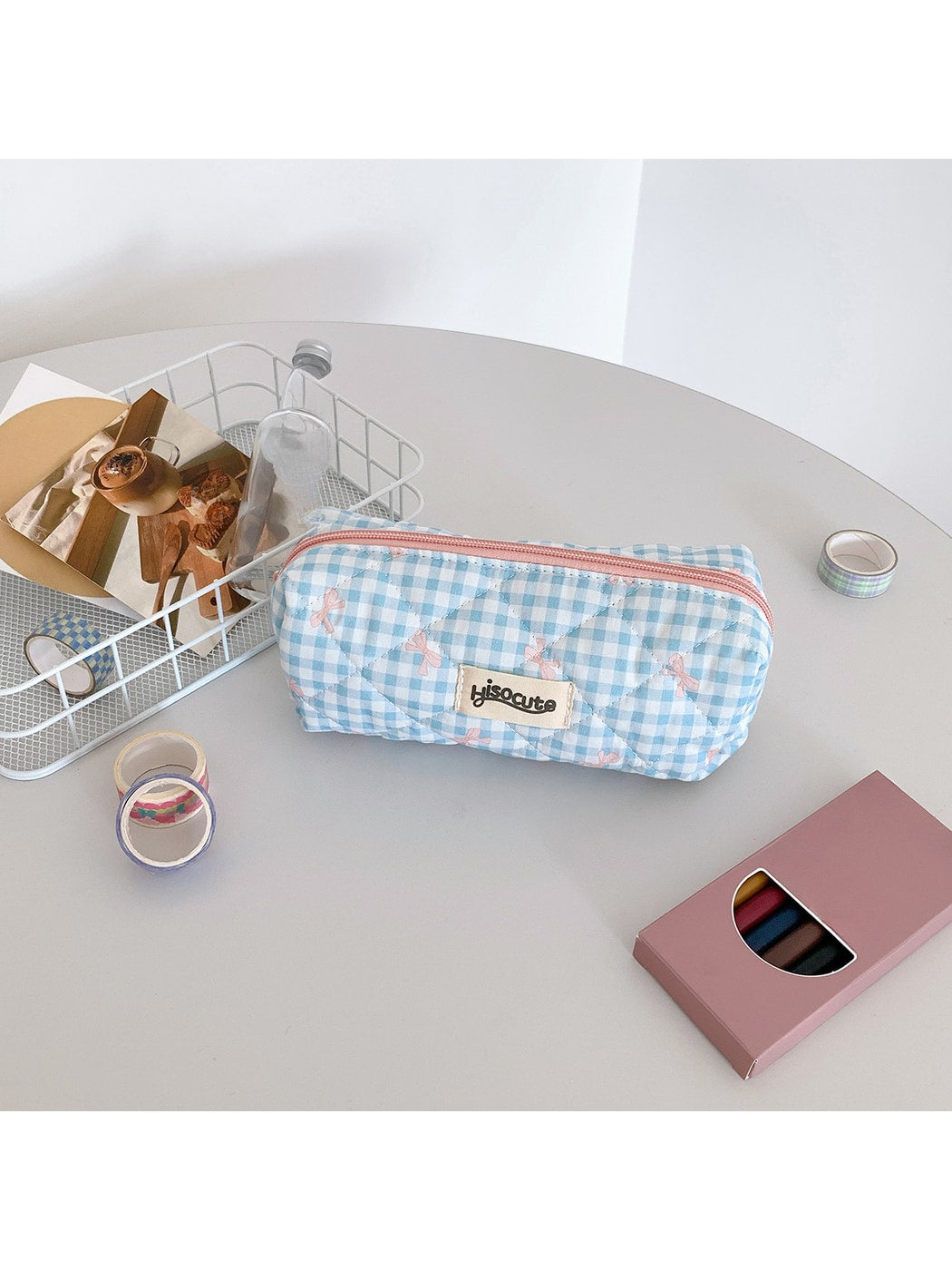 Cosbai - Plaid Bow Print Zipper Makeup Pouch Bag