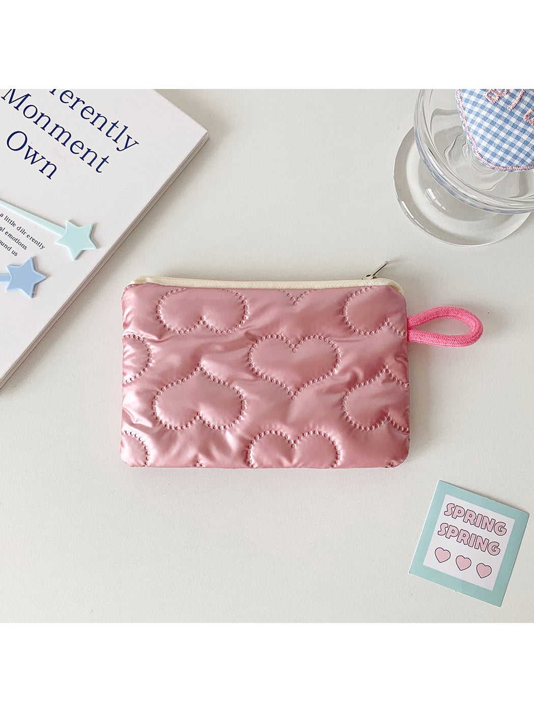 Cosbai - Quilted Heart Pattern Zip Pouch Bag
