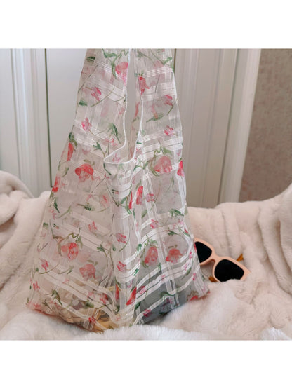Cosbai - Sheer Floral Print Lightweight Tote Bag