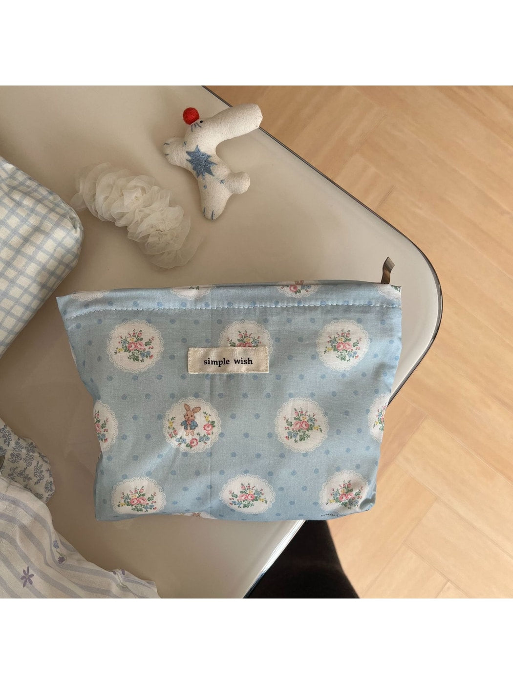 Cosbai - Blue Tones Plaid and Floral Makeup Bag