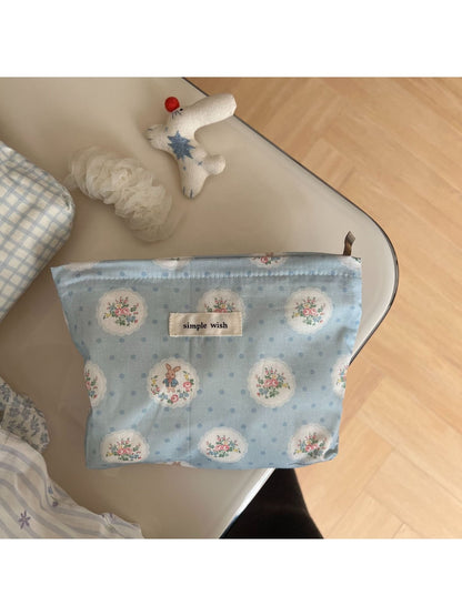 Cosbai - Blue Tones Plaid and Floral Makeup Bag