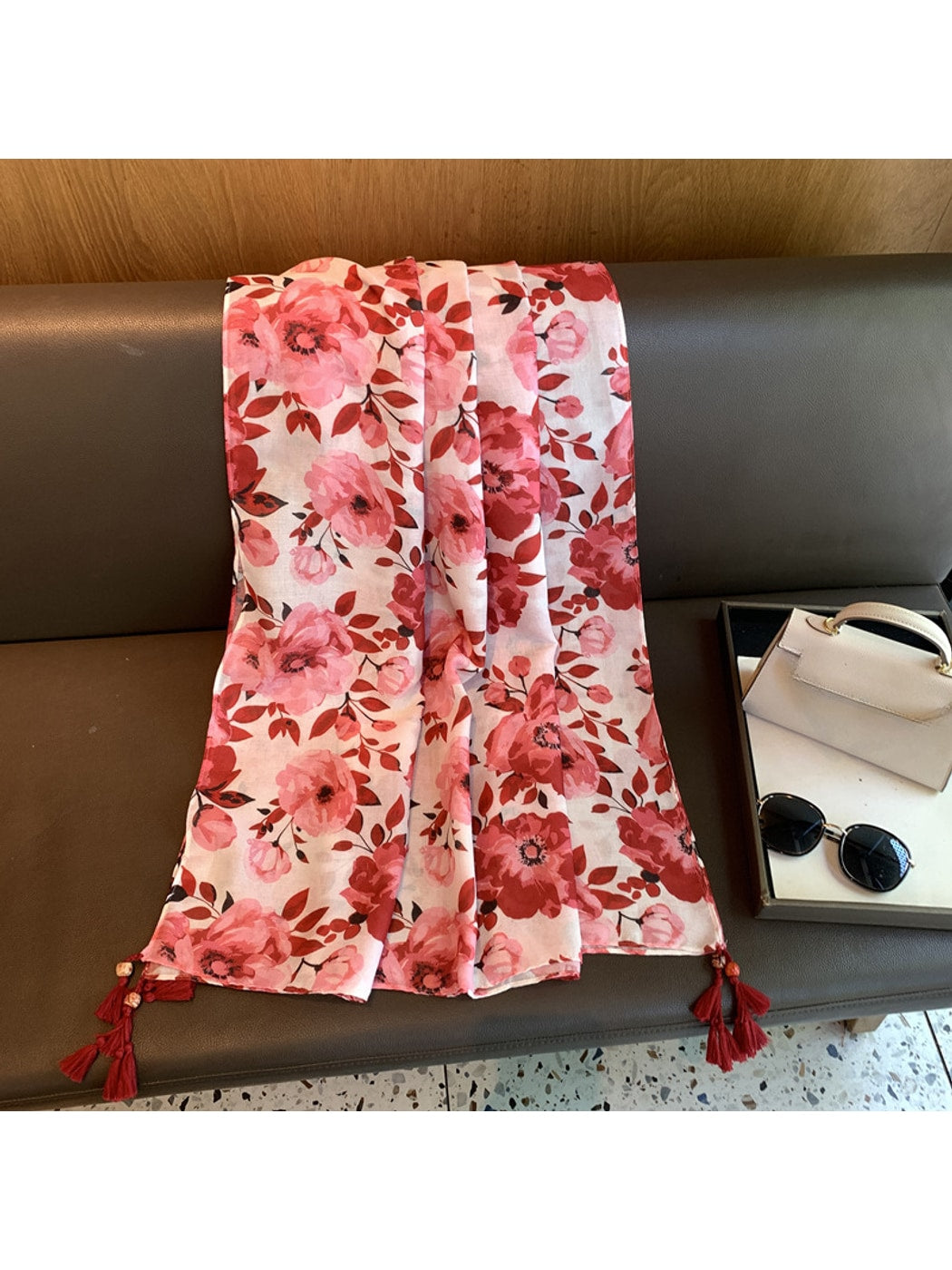 Scarvii - Rose Bloom Print Tassel Women's Scarf