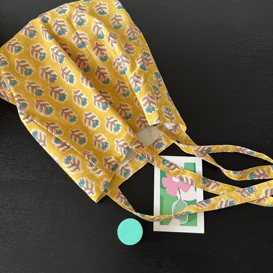 Yellow floral everyday tote bag detail view