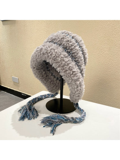 Haila - Plush & Heavyweight Color-Block Earflap Beanie with Tassels