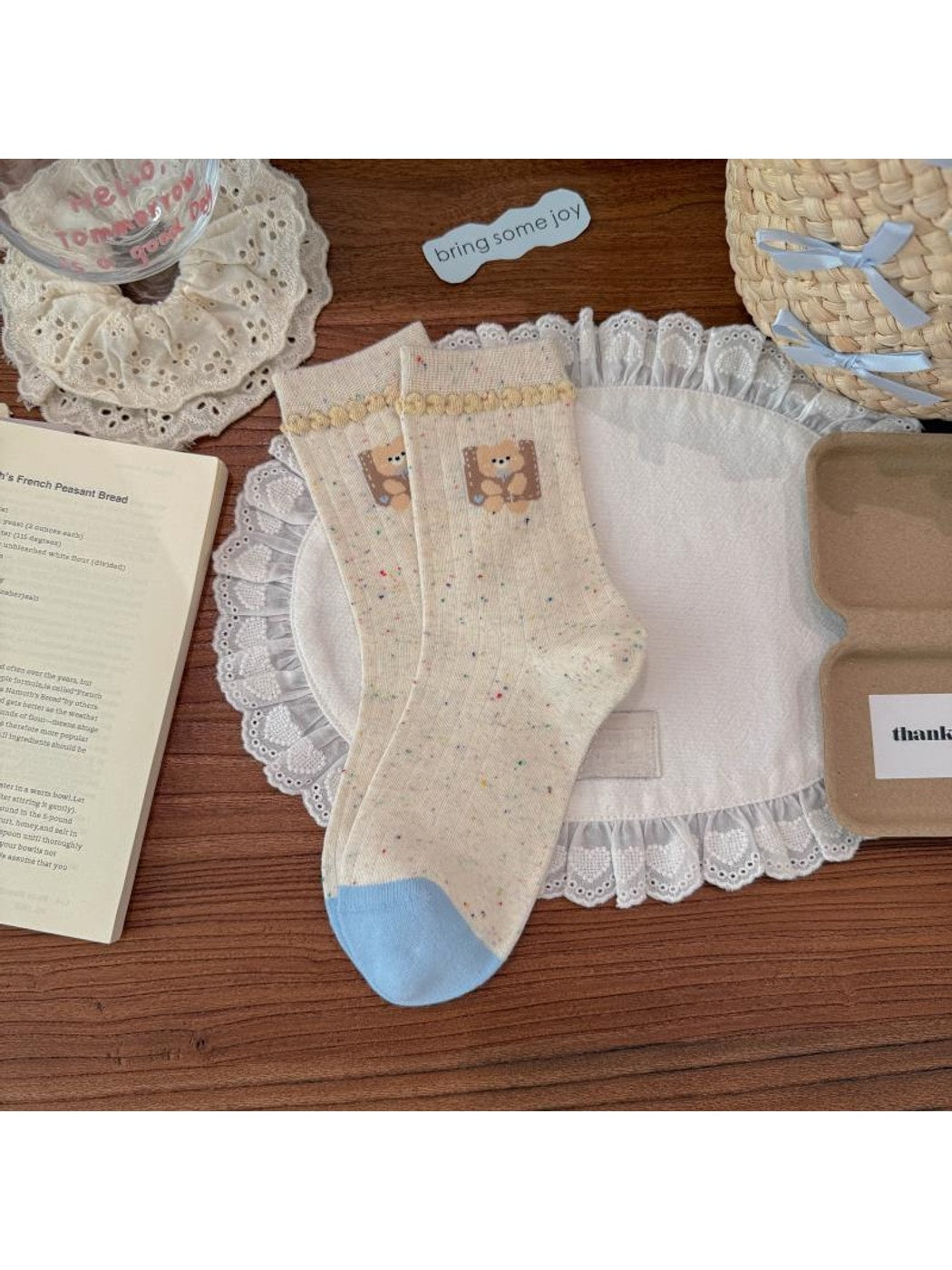 Rufia - Pale Yellow Cartoon Bear Crew Socks