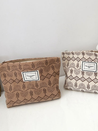 Cosbai - Fabric Geometric & Floral Print Pouch Bag with Zipper