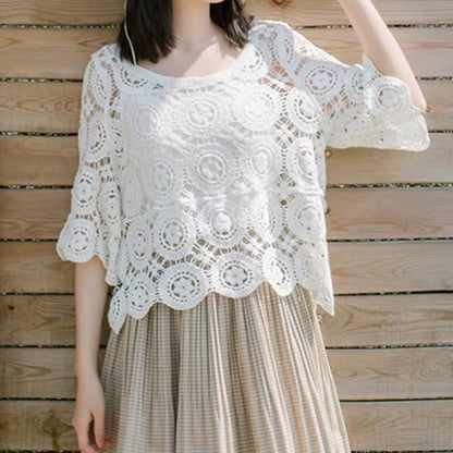 Crosa - Floral Crochet Lace Open-Knit Top Blouse