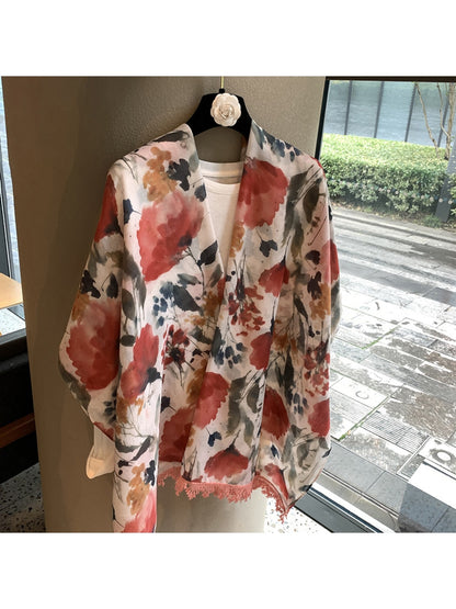 Scarvii - Floral Print Tassel Edge Long Scarf
