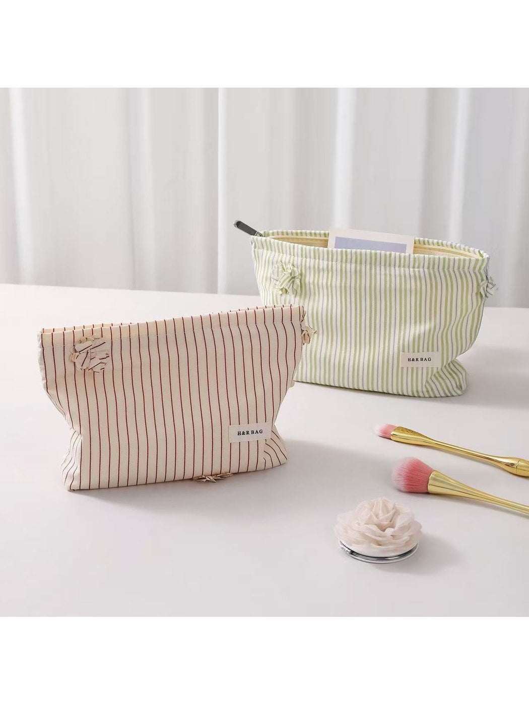 Cosbai - Floral Decorative Stripes Print Makeup Bag