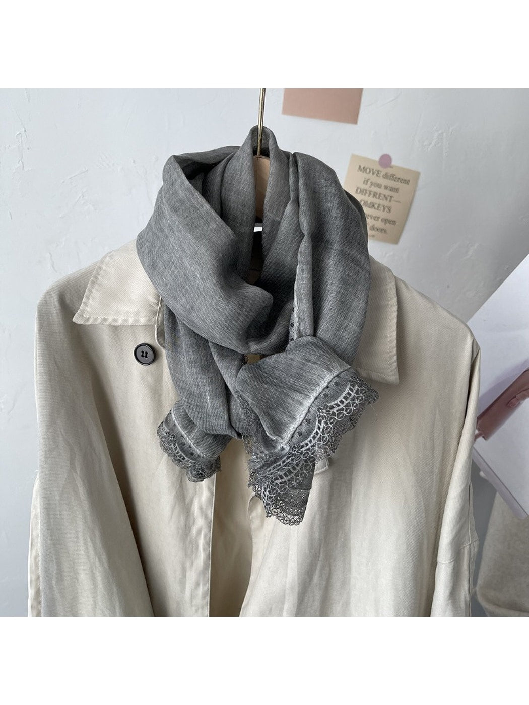 Scarvii - Vintage Lace Trim Minimalist Long Scarf