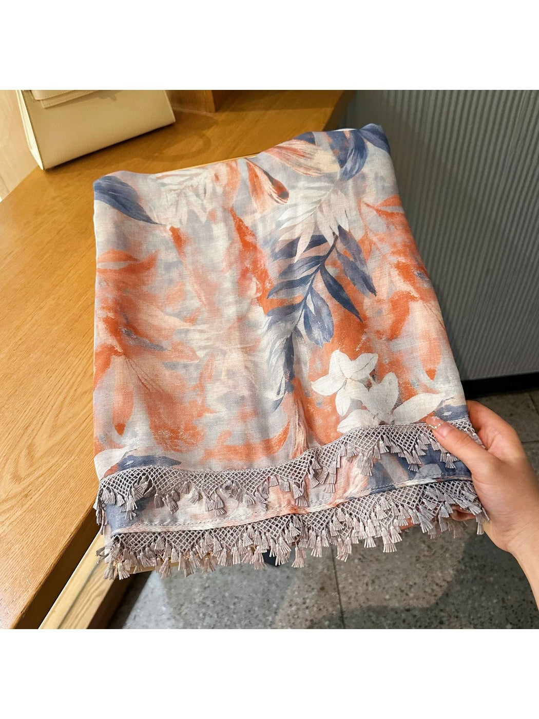 Scarvii - Floral Print Lace Trim Lightweight Wrap Scarf