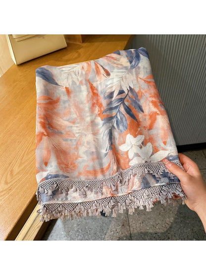 Scarvii - Floral Print Lace Trim Lightweight Wrap Scarf