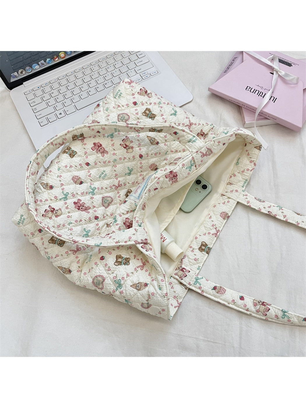 Cosbai - Floral Quilted Tote Bag with Cartoon Pattern