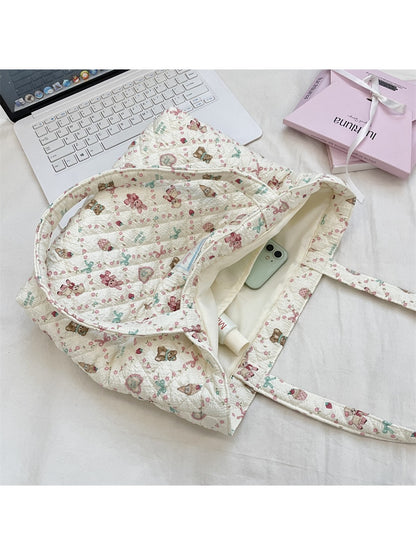 Cosbai - Floral Quilted Tote Bag with Cartoon Pattern