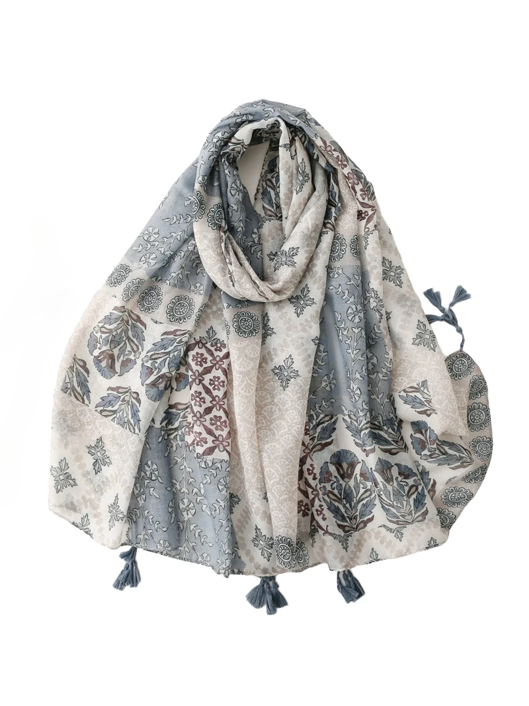 Scarvii - Patchwork Floral & Geometric Tassel-Trim Scarf