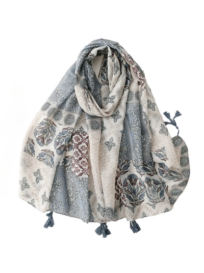 Scarvii - Patchwork Floral & Geometric Tassel-Trim Scarf