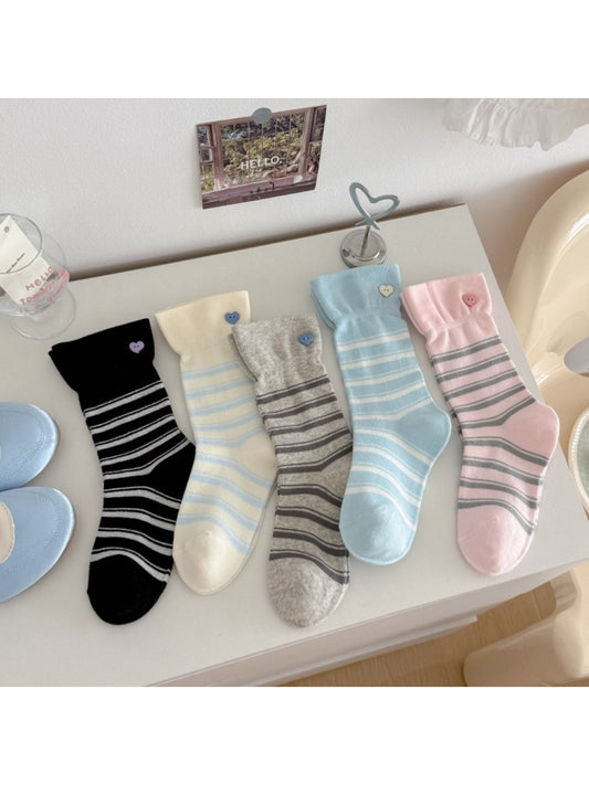 Rufia Stripe Heart mid-calf socks laid flat showing striped pattern and heart design