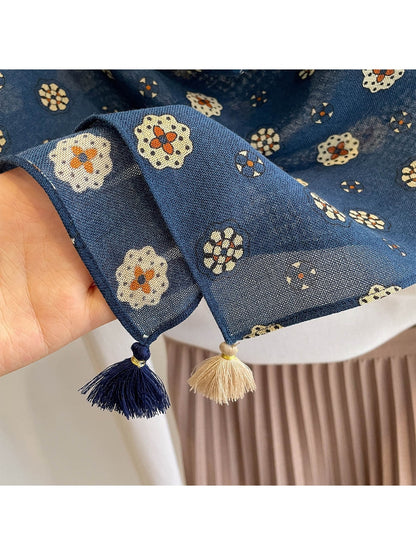 Scarvii - Geometric Flower Print Tassel Square Scarf