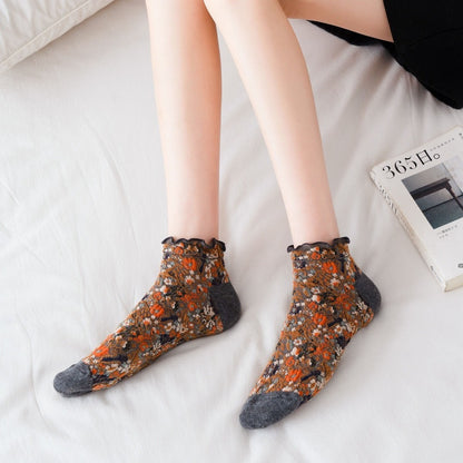 Rufia- Summer Floral Print Lace Trim Low-Cut Socks