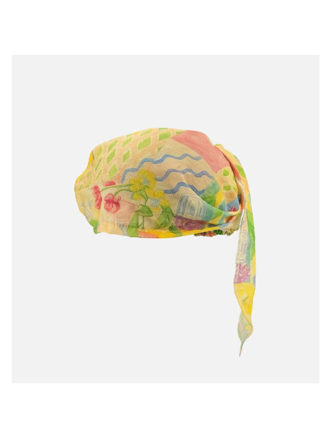 Model wearing Scarvii sheer retro print tie headscarf styled around the neck