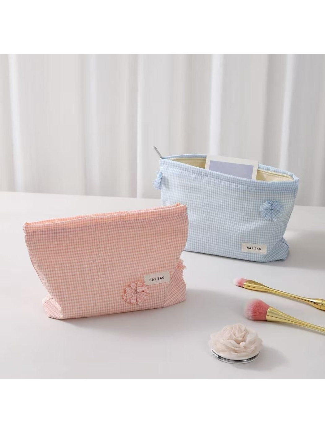 Cosbai - Floral Plaid Handheld Cosmetic Pouch Bag