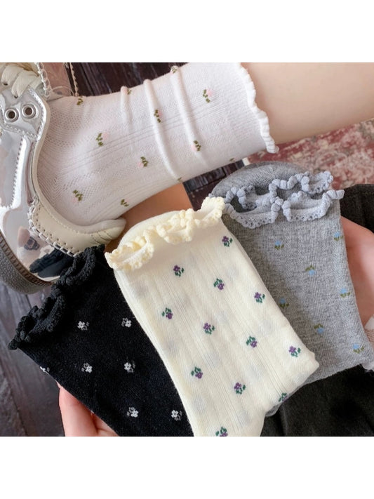Rufia - Floral Print Ruffle Cuff Socks