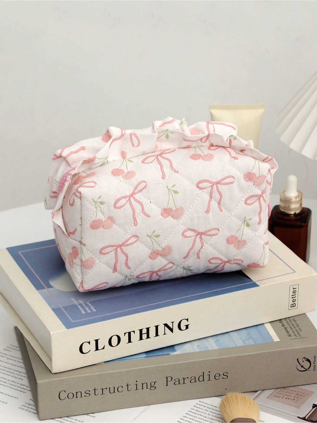 Cosbai - Quilted Cherry Makeup Pouch with Bow Pattern