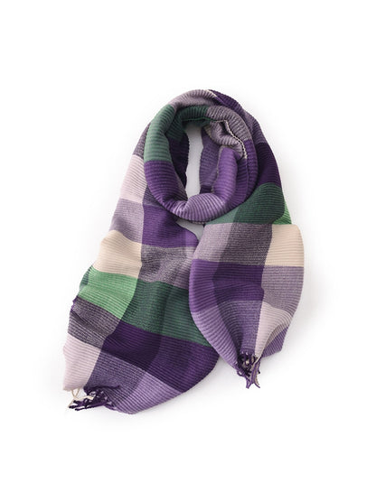Scarvii - Ribbed Colorblock Plaid Fringed Scarf