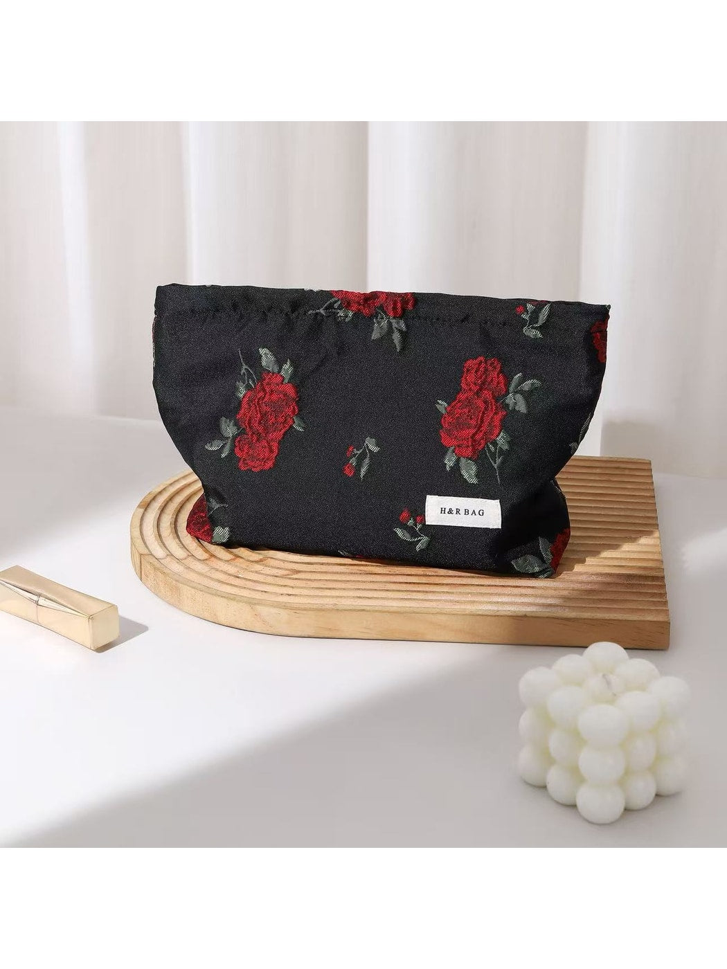 Cosbai - Rose Print Handheld Floral Makeup Bag