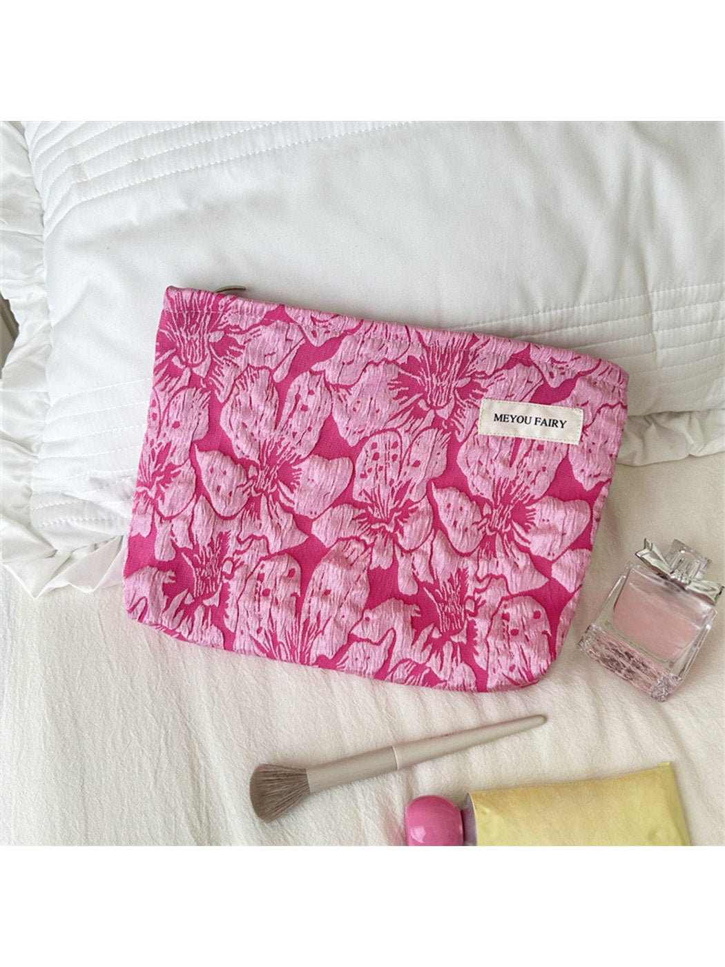 Cosbai - Floral Bow Zipper Cosmetic Organizer Bag