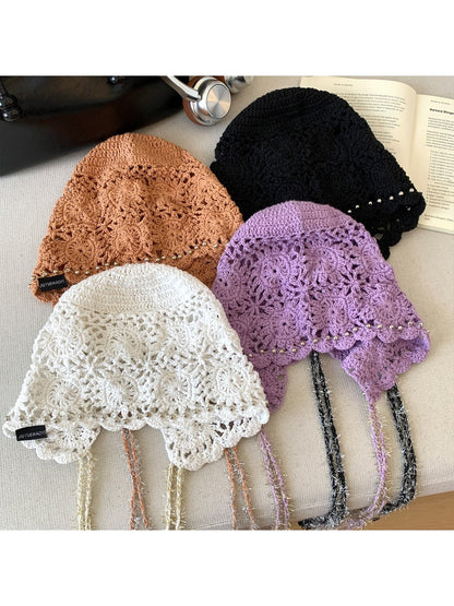 Haila - Women's Floral Openwork Tie Strap Beanie