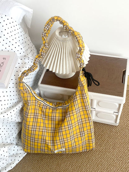 Cosbai plaid slouchy shoulder bag with top partially open