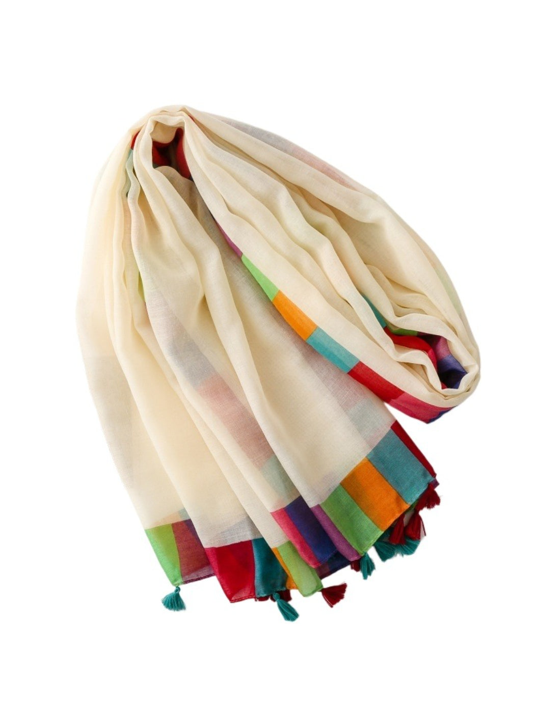 Scarvii scarf spread out flat highlighting full rainbow border and tassel ends