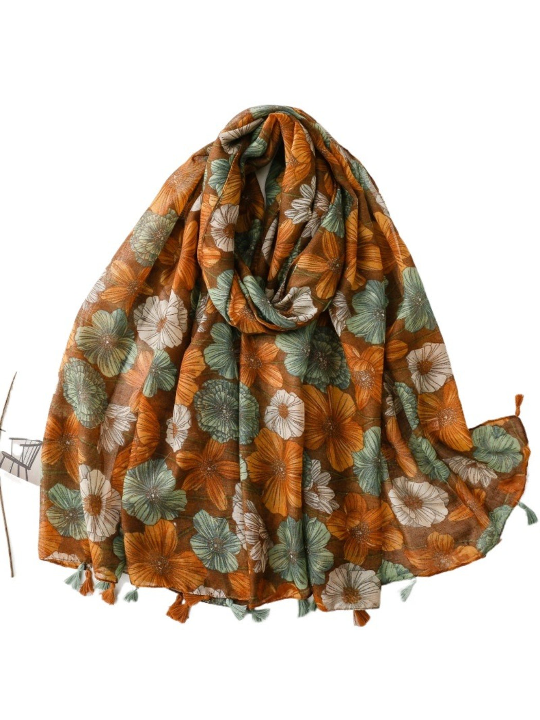Scarvii Garden Bloom Tassel Scarf displayed on a mannequin with floral pattern visible