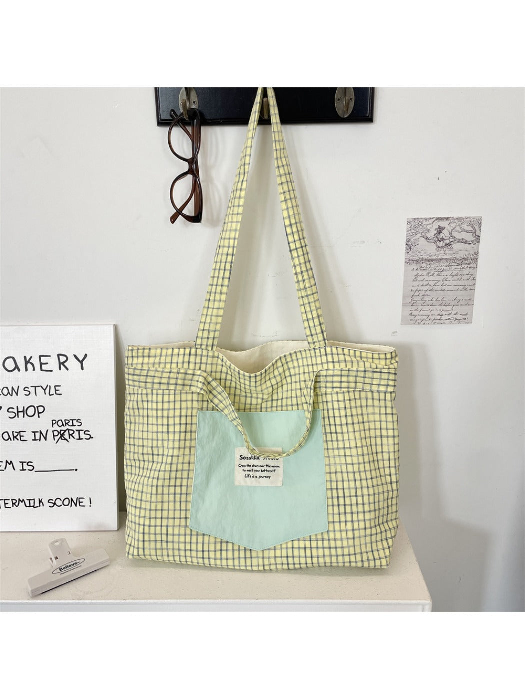 Cosbai - Patchwork Plaid Tote Bag & Shoulder Bag